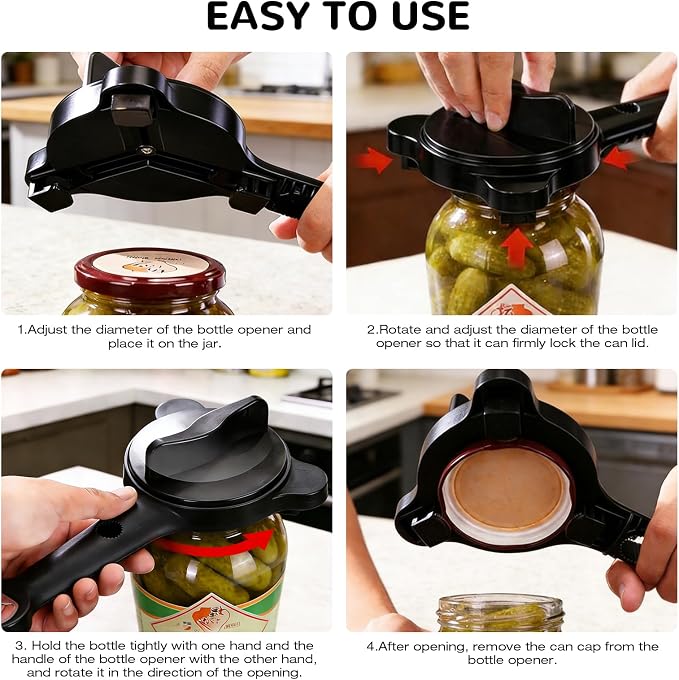 Jar Opener for Weak Hands, Seniors & Arthritis Bottle & Can Opener Manual Lid Remover for Small to Large Caps – Multi-Function Kitchen Tool for Jars, Beer, Sauces & Soda Bottles (Black)