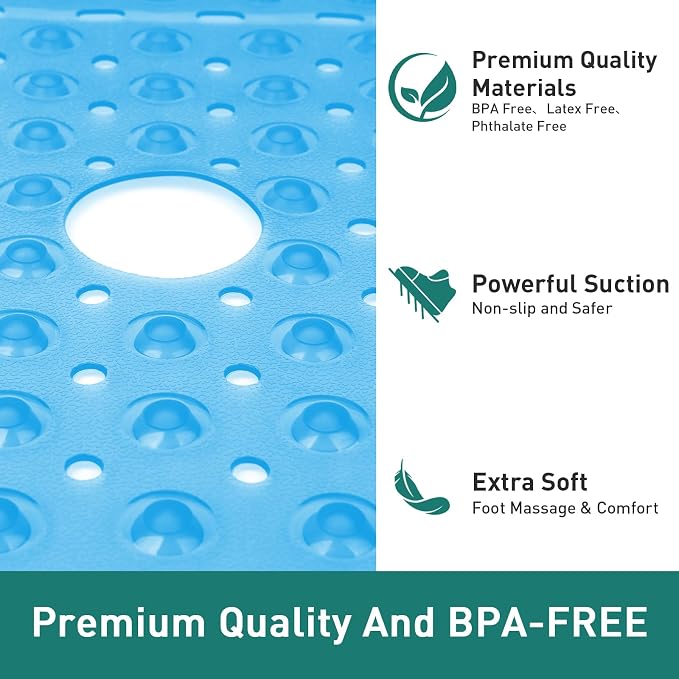 Large Square Shower Mat 27 x 27 Inch Clear Blue, Non Slip Shower Bathtub Mats for Inside Shower with Big Suction Cups Drain Holes, Anti Slip Bathroom Floor Stall Mats, Easy Clean, BPA-Free