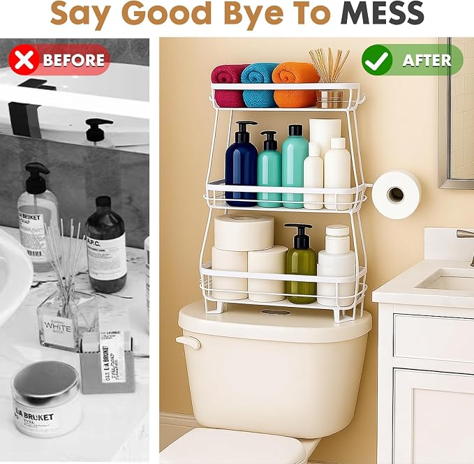 ShellKingdom Over The Toilet Storage Shelf, 3 Tier Toilet Paper Holder Stand Shelves, Punch-Free Bathroom Storage Rack with 2 Hooks, Small Space Organizers for Bathroom, Home, Countertop, White