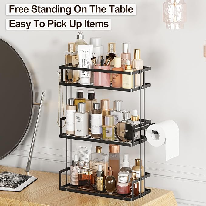 Godboat Bathroom Organizers and Storage, 3-Tier Wall Shelves, Over Toilet Rack with Paper Holder and 2 Hooks, Floating Shelf & Accessories, Gifts for Women, Mom, Mothers Day (Black)