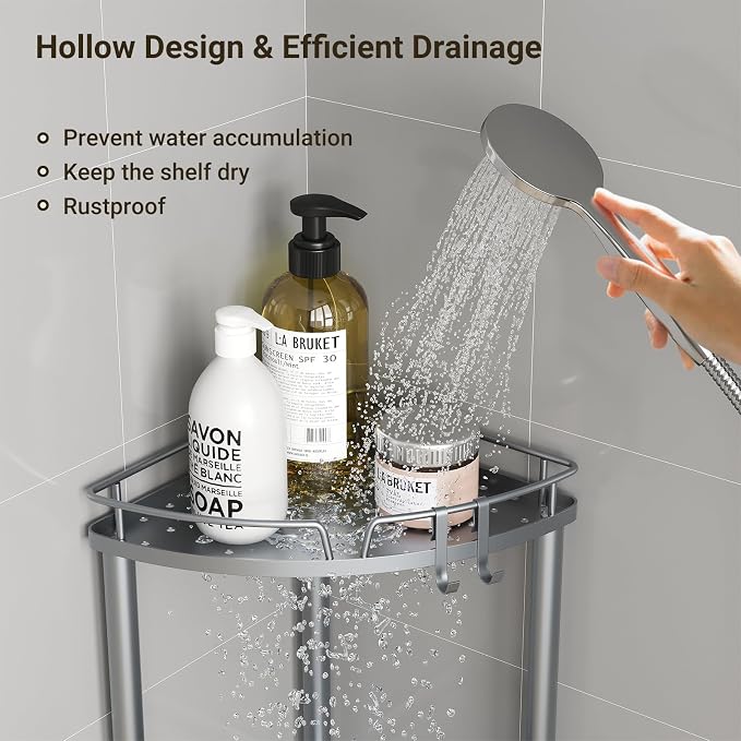 ELYKEN Corner Shower Caddy Standing, 3 Tier Rustproof Metal Shower Organizer with Soap Holder, Floor Shower Corner Shelf Rack Storage Stands with Adjustable Feet & 2 Hooks for Bathroom, Silver