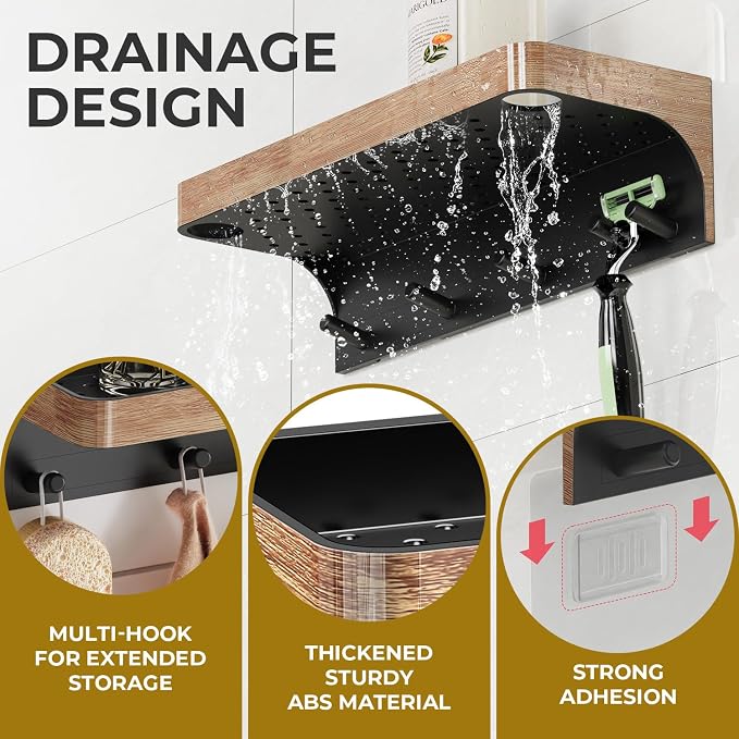 Shower Caddy Adhesive, Shower Shelve for Inside Shower, Bathroom Organizers and Storage for Accessories Holder, Rustproof Bathroom Wall Shower Rack Organize with 5 Hooks, No-drill, Wood