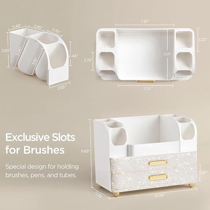 HBlife Makeup Organizer for Vanity with Brush Holder, Large Bathroom Countertop Cosmetic Organizer Skin Care Storage, Easy to Store Nail Polishes, Perfumes, Eyeshadow Palettes, Pearl All White