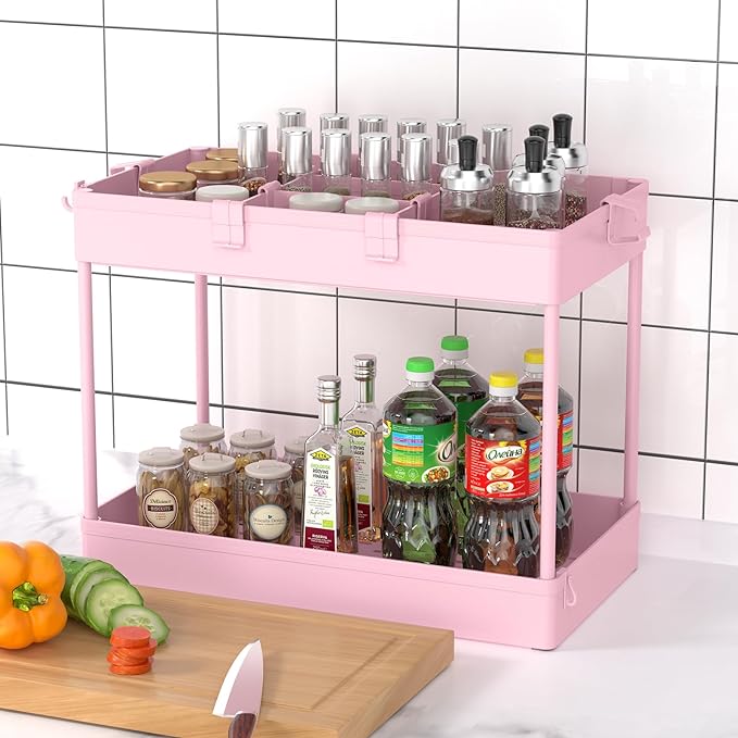 SPACELEAD 3 Tier Rolling Cart with Wheels, Storage Craft Art Trolley Organizer Serving, 3 Hanging Baskets Easy Assembly, for Office, Living Room, Kitchen, Pink