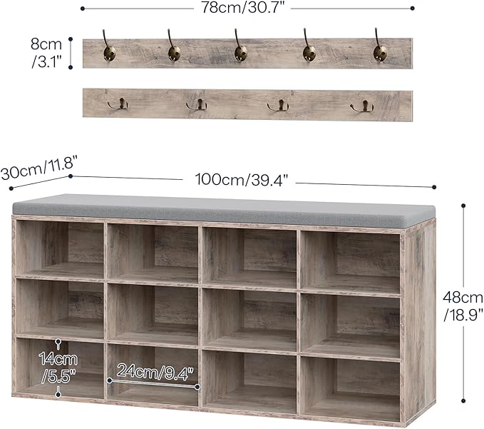 HOOBRO Shoe Storage Bench with Cushion, 39.4" L Entryway Bench with 12 Cubbies, Entryway Hall Tree with Storage, Shoe Cabinet with Coat Rack for Bedroom, Hallway, Holds up to 330 lb, Gray GY112HX01