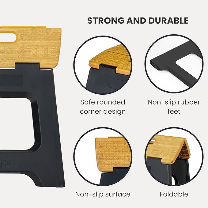 Vigar Compact Folding Step Stool - 12-1/2 Inch Foldable Step Stool for Adults, Lightweight Portable Stool with Handle, Non Slip Step Stool, Space-Saving Stool up to 330 lb - Black, Bamboo Print Top