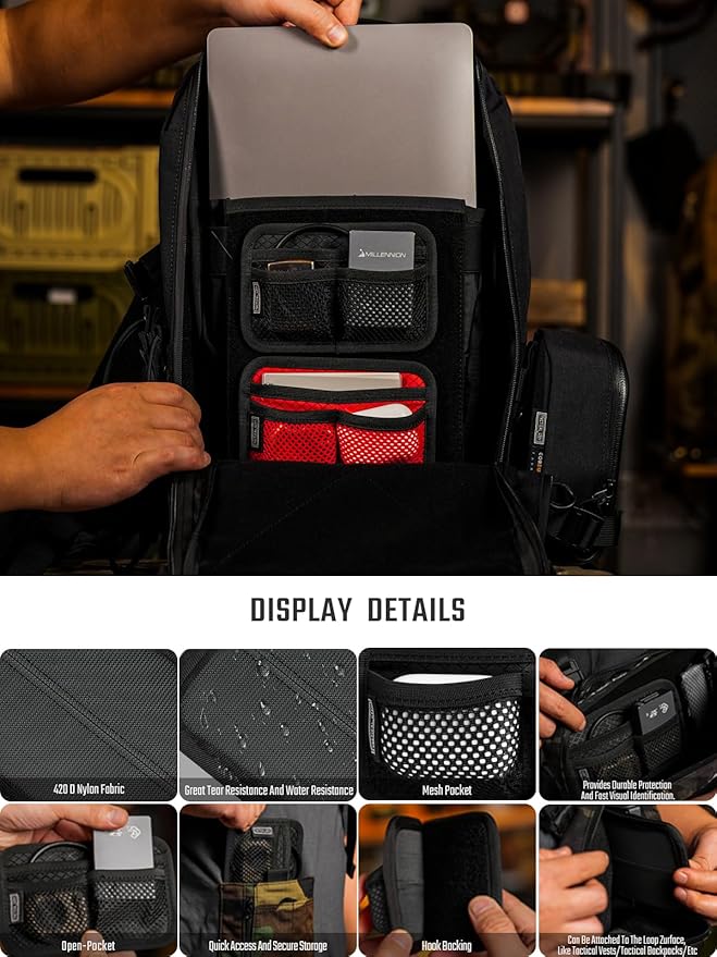 TACTICAL_GEEK TCM3 Mini EDC Organizer Board, Backpack Accessories with Open Pocket & Mesh Pocket, Utility Admin Bag Insert Panel Hook and Loop Modular Organizer for Daily Carry(Black)