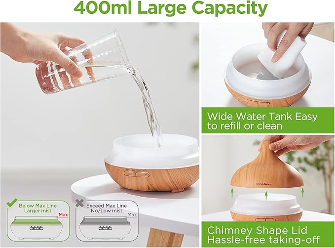 InnoGear Aromatherapy Diffuser & 10 Essential Oils Set, 400ml Diffuser Ultrasonic Diffusers for Home Cool Mist Humidifier with 4 Timers 7 Colors Light Waterless Auto Off, Yellow Wood Grain