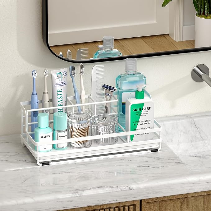HapiRm Toothbrush Holders for Bathroom - 5 Partitions Bathroom Counter Organizer with Instant Drying Stone, Stainless Steel Countertop Storage Electric Toothbrush Toothpaste Holder - White(Large)