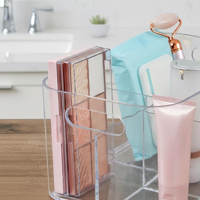STORi Bliss 5-Compartment Plastic Cosmetics Storage Organizer | Clear | Rectangular Divided Makeup Bin & Vanity Caddy with Pass-Through Handles | Round Corner Design | Made in USA