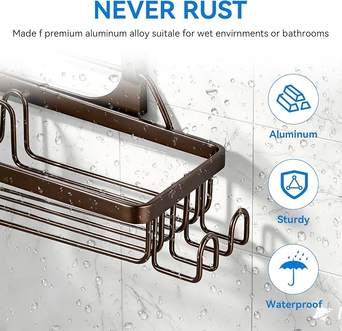 Shower Caddy Hanging, Over Head Shower Caddy Shower Storage Rack Basket with Hooks for Razor and Sponge Rustproof, No Drilling, Accessories for Bathroom and Kitchen, Bronze