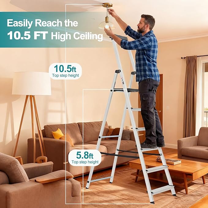 OLIXIS 6 Step Ladder, 330lbs Folding Step Stool with Anti-Slip Wide Pedal Handrails, Aluminum Stool Ladders, Safety Household Ladder for Home Kitchen Courtyard Outdoor