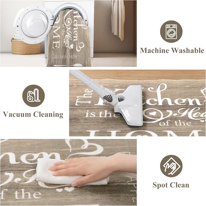 Vaukki Boho Kitchen Rug Sets 3 Pieces, Washable Kitchen Mats for Floor, Non Slip Soft Kitchen Area Rug Floor Mat for Kitchen, Laundry Room and Hallway (Dark Brown, 20''x32''+20''x47''+20''x59'')