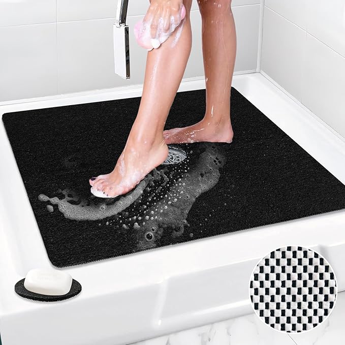 Shower Mat Non Slip: 31 x 31 Inch Extra Large Square Shower Mats with Drain Hole in Middle - Soft Loofah Quick Drying Matt for Shower Stall