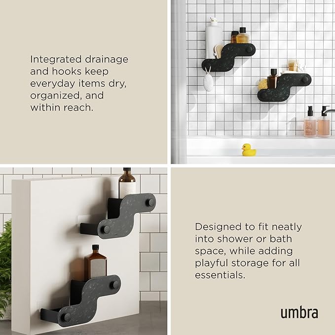 Umbra Nami Shower Caddy Set of 2 – Adhesive Shower Shelf, No Drill Wall Mounted Bathroom Organizer, Rust-Free Plastic Shower Storage Baskets for Shampoo & Toiletries, Ocean Black