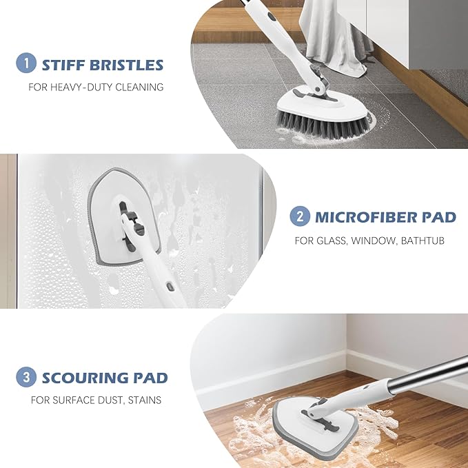 SetSail 4-in-1 Tile Tub Floor Scrubber with 52-inch Long Adjustable Handle Shower Cleaner Brush with V-Shaped Grout Brush and 3 Replacement Brush Heads for Bathroom Kitchen Walls Tub Tile, White Grey