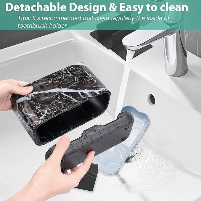 Boperzi Black Toothbrush Holder for Bathroom Toothpaste Organizer Countertop, Detachable Anti-Slip Marble Toothpaste Storage Caddy 6 Slots with Drainage Holes for Makeup Brush Razor Stand