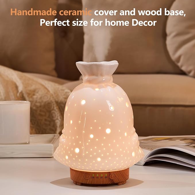 160ML Ceramic Diffuser for Essential Oils Lucky Bag Aromatherapy Diffuser Ultrasonic Cool Mist Humidifier with Intermittent Mist Modes Waterless Auto Off for Room Office