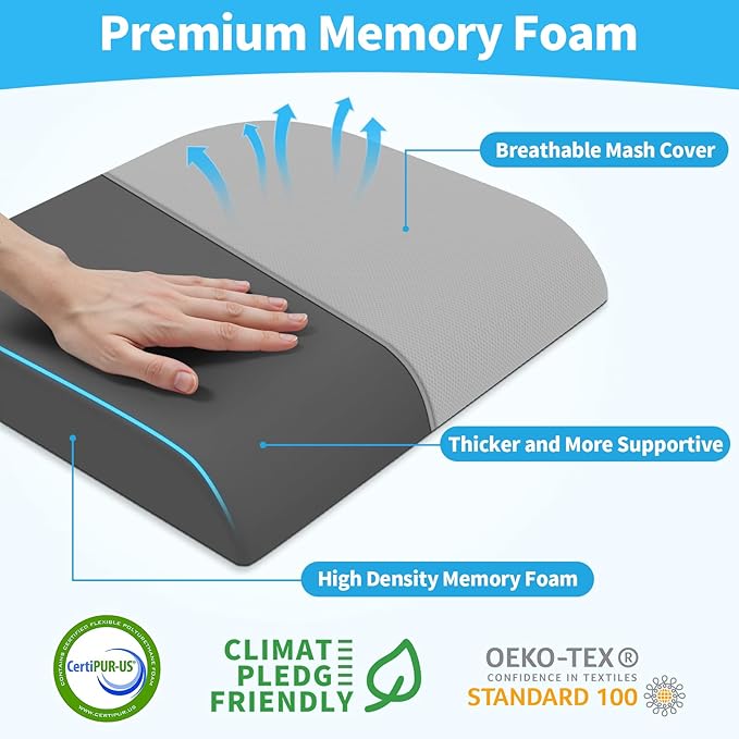 TranquilRelax Large Seat Cushion, Memory Foam Cushion for Long Sitting Hours on Office Chair, Home & Car, Non-Slip Chair Pad for Relieving Back & Sciatica & Hip & Coccyx Pain (Light Grey)