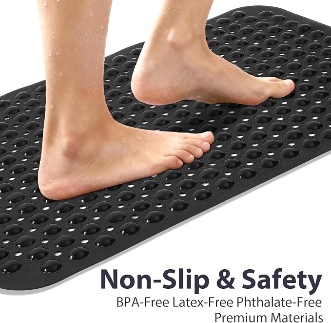 Large Shower Mat 21.5x33.5 Inch Black, Soft Non Slip Shower Mats for Inside Shower with Big Suction Cups Drain Holes, Extra Large Bath Bathtub Mat Floor Stall Mats, BPA-Free, Easy Clean