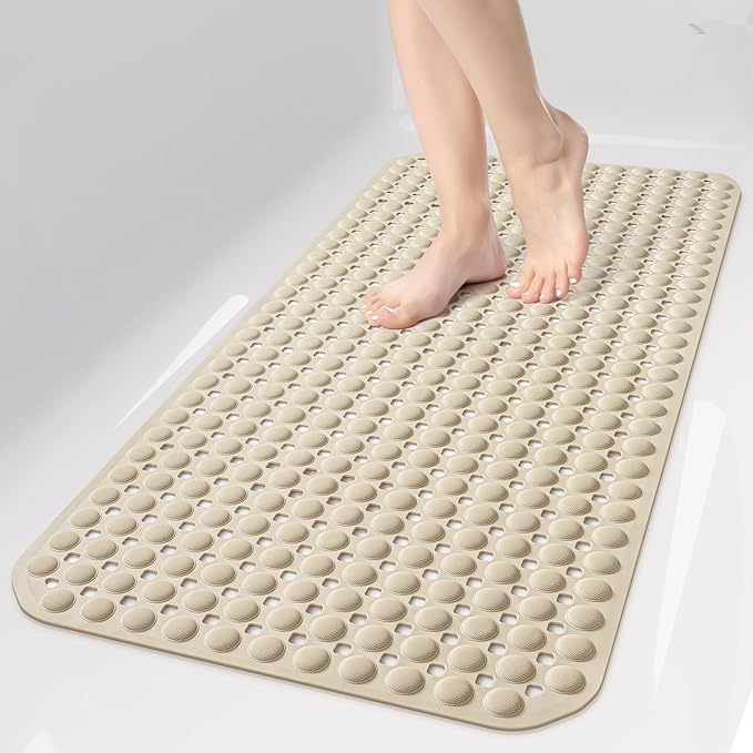 OTHWAY Bath Tub Shower Mat Non Slip, Bathtub Floor Liner Mats for Inside Shower Bathroom, Suction Cups and Drain Holes for Feet Scrubbing, Machine Washable, Soft on Feet, 35x16 Inch, Brown