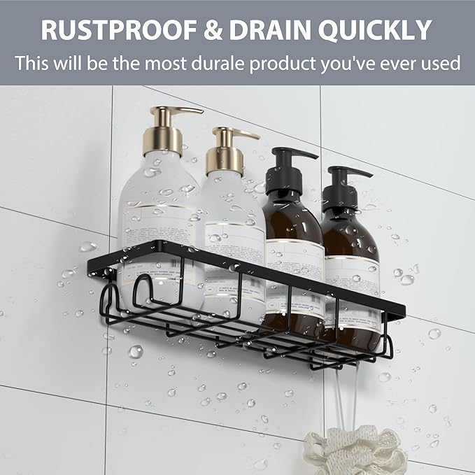 Shower Caddy Organizer with Hooks,Self Adhesive Bathroom Shelves,No Drilling Bathroom Organizers and Storage,Perfect for RV, Apartment, Home Decor,Black 4PCS