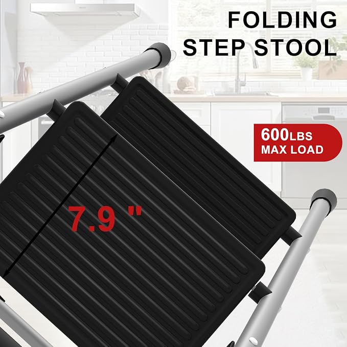 3 Step Ladder for Kitchen Step Stool, Lightweight Folding Step Stool with Curved Safety Handrail, Auto-Lock Mechanism & Non-Slip Wide Pedals, Slim&Foldable for Home Indoor（Sliver）