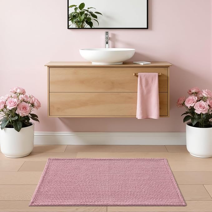 DEXI Bathroom Rugs 32x20, Non Slip Washable Bath Mat, Absorbent Chenille Bathmat, Ultra Soft Thick Carpet for Tub Shower Floor, Pink