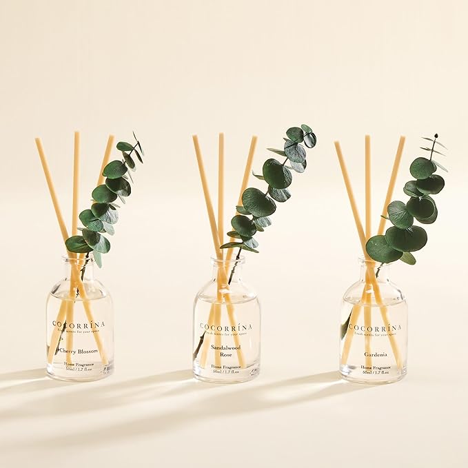 COCORRÍNA Eucalyptus Reed Diffuser Set of 3 - Sandalwood Rose, Cherry Blossom, Gardenia Scents, 1.7 fl oz Each, Total 5.1 oz, Scented Oil Diffusers for Home & Office