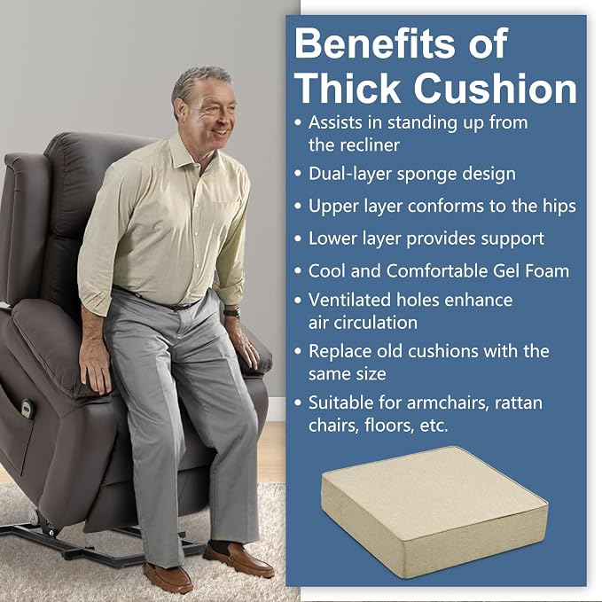 Shinnwa Gel Memory Foam Recliner Cushion for Elderly, Extra Large Seat Cushion, Dual-Layer Foam Chair Pad for Couch, Armchair, Wicker Chairs, Floor, 18 × 18 × 4in, Beige