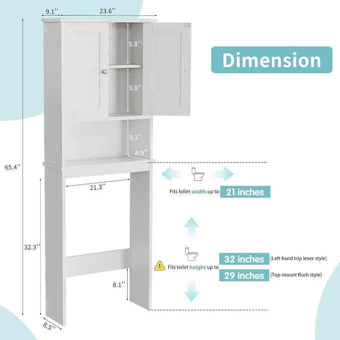 Shintenchi Over the Toilet Storage Cabinet, Bathroom Shelf Organizer with Anti-Tip Device Small Freestanding Space Saver with Adjustable Shelf，White