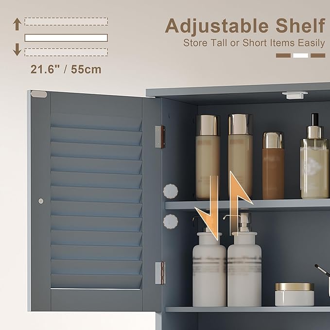 ChooChoo Bathroom Wall Cabinet with Towels Bar, 23.6" L x7.9 W x27.5 H MDF Material Medicine Cabinet, 2 Doors Over The Toilet Space Saver Storage Cabinet with Large Space, Grey