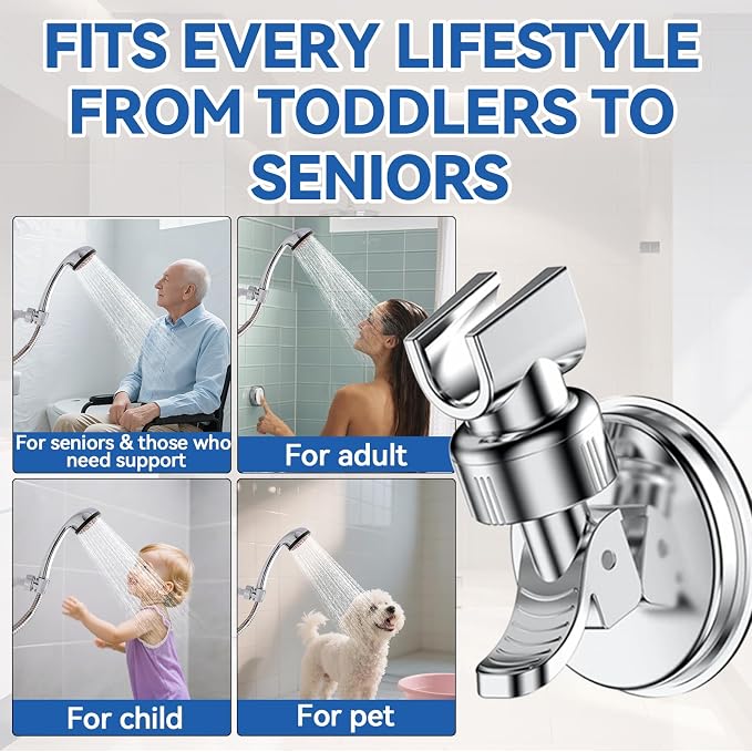 Adjustable Shower Head Holder, Bathroom Suction Cup Bracket for Handheld Shower, Removable Wall Mount (Silver-2)
