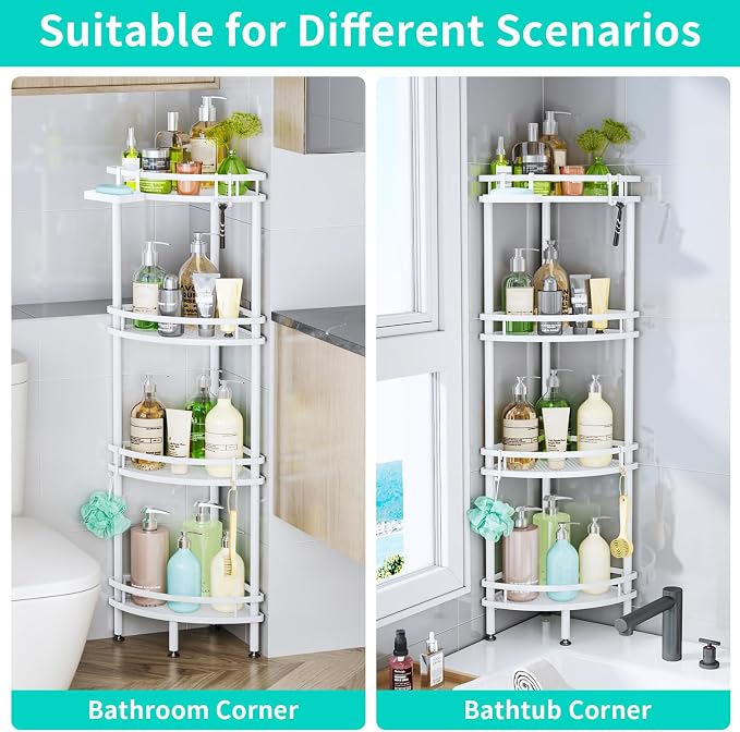 HapiRm Standing Corner Shower Caddy - 4 Tier Shower Organizer Corner with Soap Holder and 4 Hooks, Rustproof Bathroom Storage Shelves with Adhesives, White