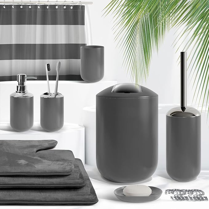 Clara Clark Bathroom Set - Gray Bathroom Accessories Set, Bathroom Sets with Shower Curtain and Rugs, 23PC Shower Curtain Set with Liner, Soap Dispenser, Soap Dish, Toilet Brush Holder, and Trash Can