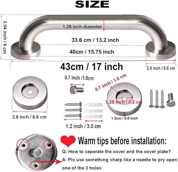 Brushed Nickel Shower Grab Bar 16 Inch - 1 1/4" Diameter, iMomwee 2 Pack Stainless Steel Safety Assist Handle, Wall Mounted Bathroom Mobility Aid Balance Support Hand Rail for Handicap Elderly Senior