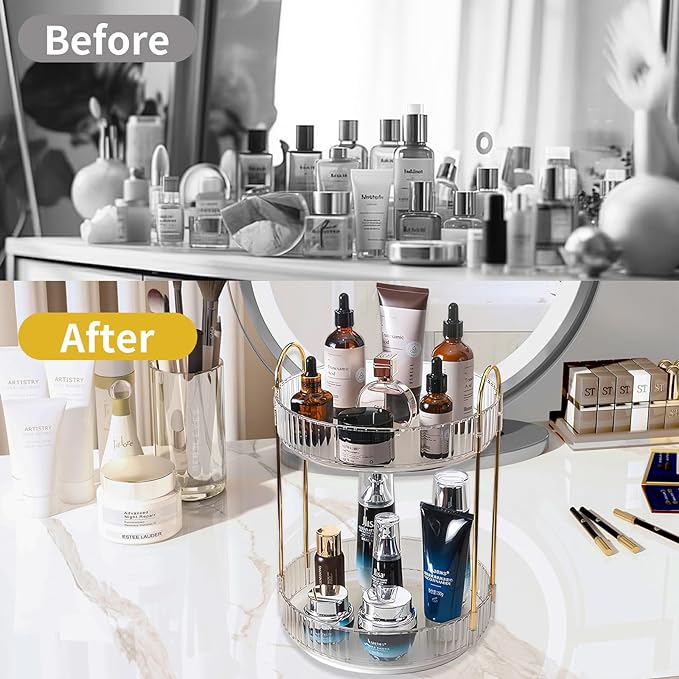 Asayuee 360 Rotating Makeup Organizer,2 Tier Large Capacity Make Up Organizers and Storage,Skincare Perfume Vanity Organizers,Bathroom Cosmetics Storage Organizer Countertop(Clear-2 Tier)