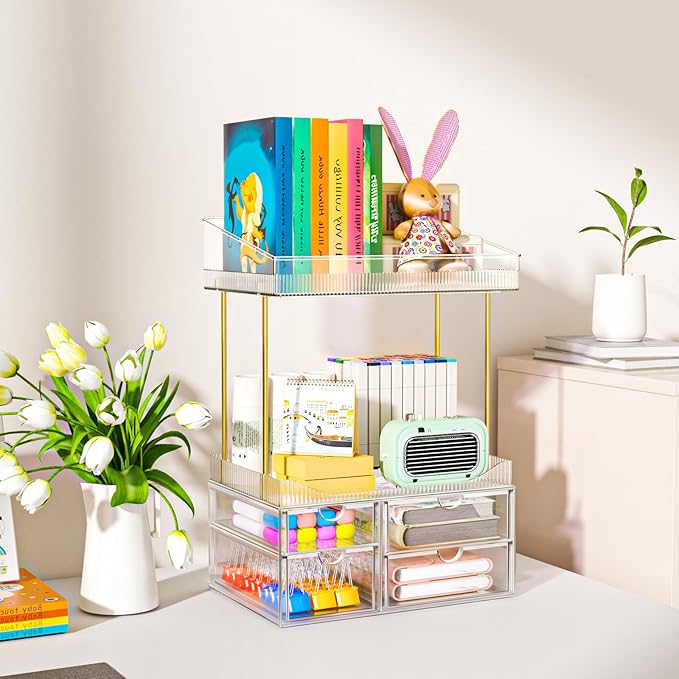 SNSLXH 4 Drawers Makeup Organizer - 4 Tier Makeup Storage, Cosmetics Organiser, Ideal for Cosmetic, with Drawers for Countertop, Bathroom, Office Supplies, Dresser Transparent Clear