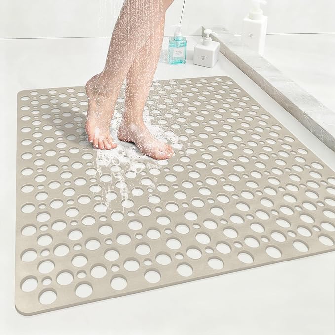 Anti Slip Shower Mat with Suction Cups,27x27 Inch Quick Drain TPE Non Slip Shower Mats for Inside Shower,Large Bath Mat for Shower Soft on Feet, Easy to Dry&Cut Machine Washable