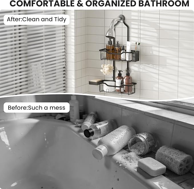 Shower Caddy Hanging 2-Tier Shower Organizer for Tall Showerhead,Rustproof Over Shower Head Rack,No Drill Bathroom Shower Caddy with Soap Dish,Toothbrush Holder and Hooks, Black