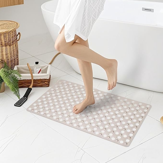 Non Slip Bathtub and Shower Mat 31x17 inch,Bath Mat with Quick Dry Drain Holes and Suction Cups, Soft Comfortable Safe Bathroom Mat for Bath Tub, Floor, Tile (Khaki)