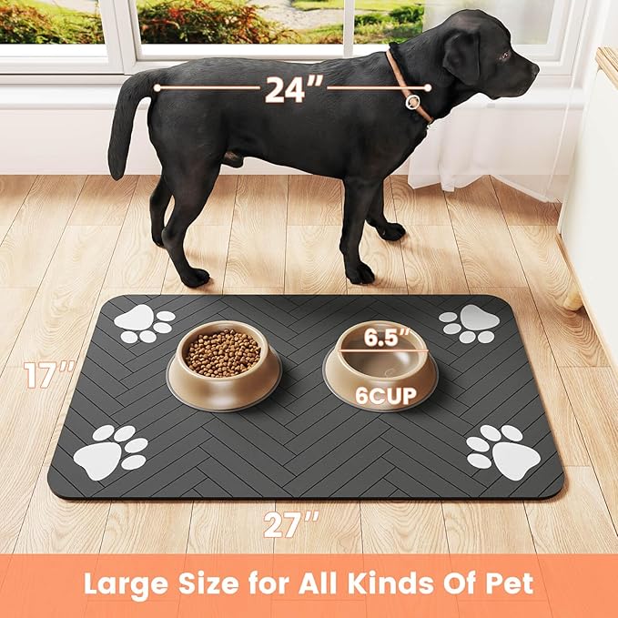 Pet Feeding Mat-Absorbent Pet Placemat for Food and Water Bowl, with Waterproof Rubber Backing, Quick Dry Water Dispenser Mat for Dog and Cat (20"x12", Black)