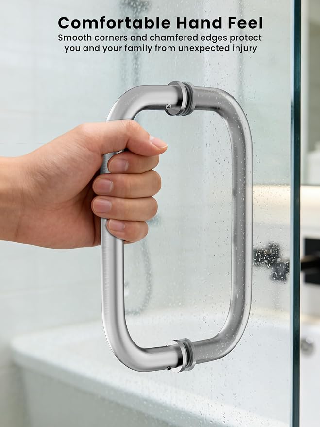 Shower Door Handle, 8 Inch Hole Centers (CTC), 304 Stainless Steel Back-to-Back Glass Door Pull Replacement Hardware for Frameless Sliding Bathroom Doors, Heavy Duty Tubular Grip, Brushed Nickel