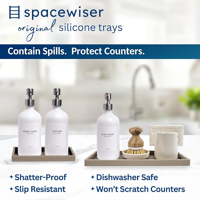 Spacewiser Countertop and Vanity Tray - 2 PC (11” and 7”) Shatterproof Silicone Kitchen and Bathroom Trays for Counter, Kitchen Soap Dispenser Tray, Vanity Trays for Bathroom, Perfume Key Tray