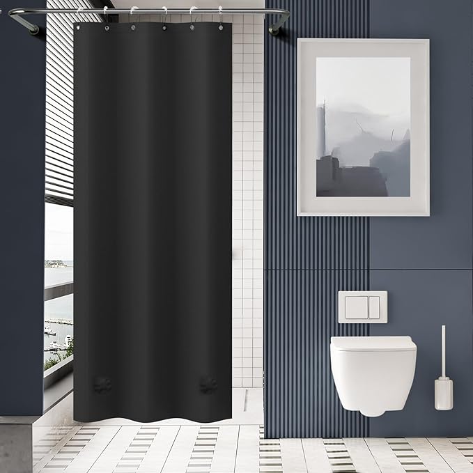 AmazerBath Stall Shower Curtain 36x72, Black Shower Curtain Plastic, Small Shower Curtain Liner Black Heavy Duty Thick PEVA, Walk in Shower Liner with 2 Weighted Stones and 6 Grommet Holes