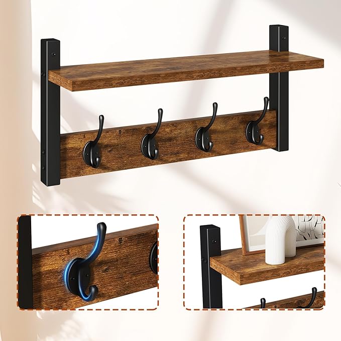 YMYNY Coat Rack Shelf Wall Mounted, Coat Hooks Set of 2, Entryway Coat Hanger with 8 Hooks, 31.5" Wall Floating Shelf with Hat Rack, for Kitchen, Bedroom, Bathroom, Rustic Brown UHWS001H-2