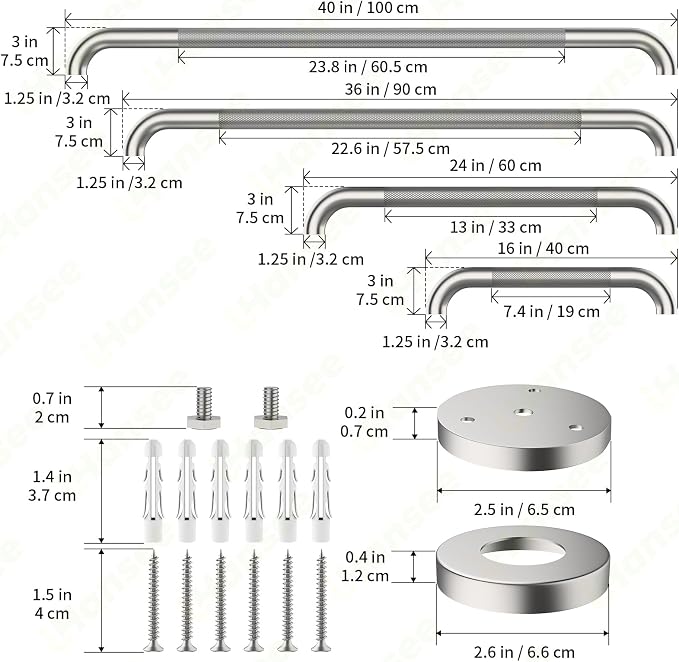 Brushed Nickel Grab Bar 16/24/36/40 Inch Bundle, iHansee Set of 4 Bathroom Grab Bars w/Anti-Slip Knurled Grip, Stainless Steel Safety Handrail for Home & Commercial, Wall Mounted Handicap Shower Bars