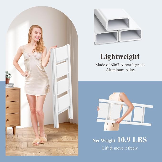 4 Step Ladder, Folding Step Stool with Wider Pedal, Anti-Slip Feet & Non Slip Stripes, Aluminum Sturdy Material, 300Lbs Capacity, Elegant Look of Modern White Better Matches Your Home
