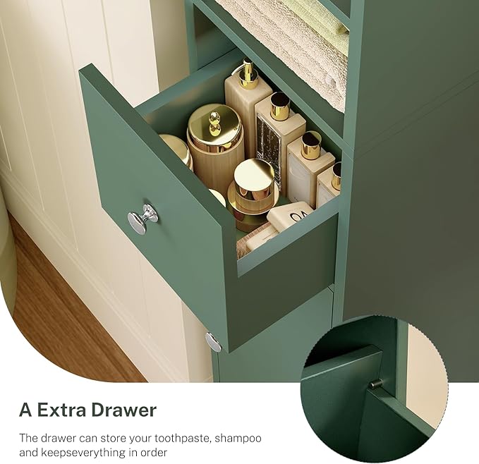TEENFON Bathroom Cabinet, Narrow Bathroom Storage Cabinet with 5 Adjustable Shelves & Drawer, Freestanding Cupboard for Small Spaces, Green