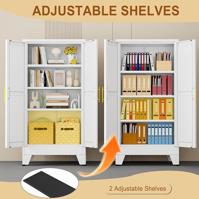47" White Metal Garage Storage Cabinet with 2 Doors and 3 Adjustable Shelves,Kitchen Pantry Cabinet,File Cabinet,Steel Tool Cabinet for Home,Office,Garage,School,Warehouse
